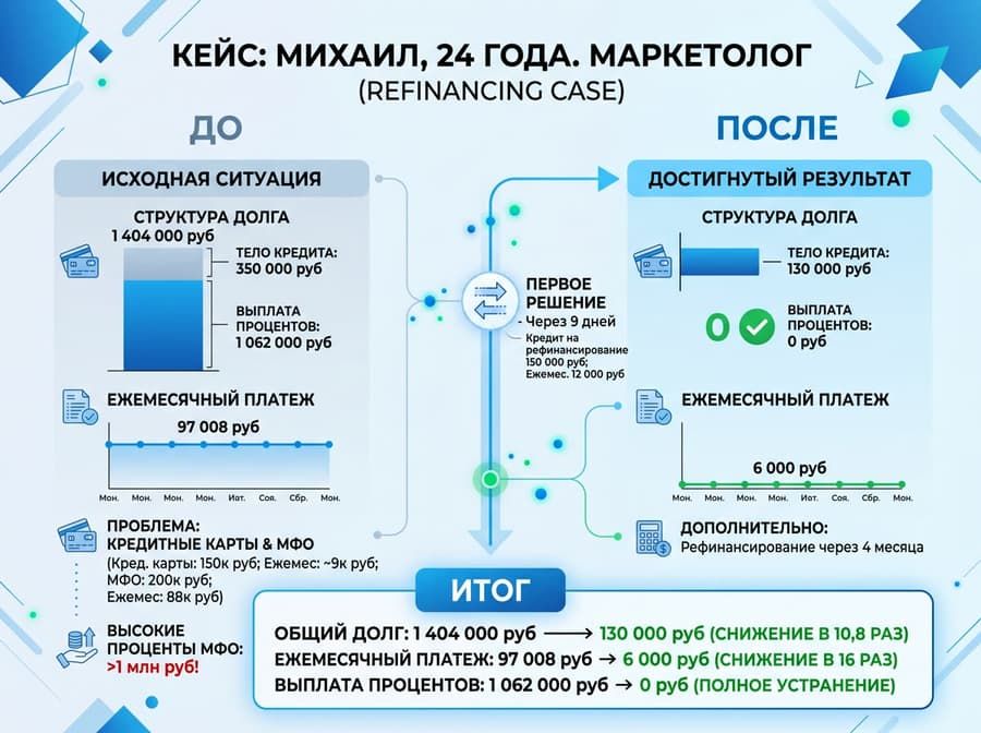 Инфографика кейса: Михаил, 24, маркетолог